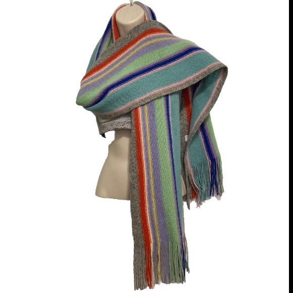 WILLIAM BRUNTON Hand Knits Made in Scotland Rainbow Stripes WOOL Scarf 8.5 x 80" - Picture 1 of 15
